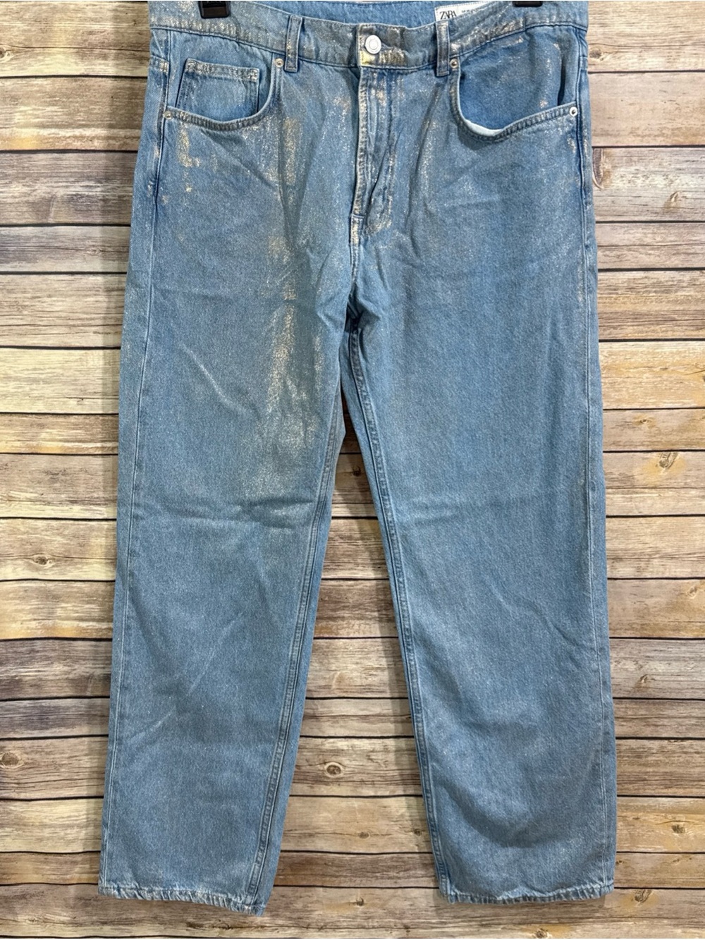 Zara Metallic Coated Jeans Women's Sz 12 EUR 44 Blue Denim Gold Foil Shimmer TRF